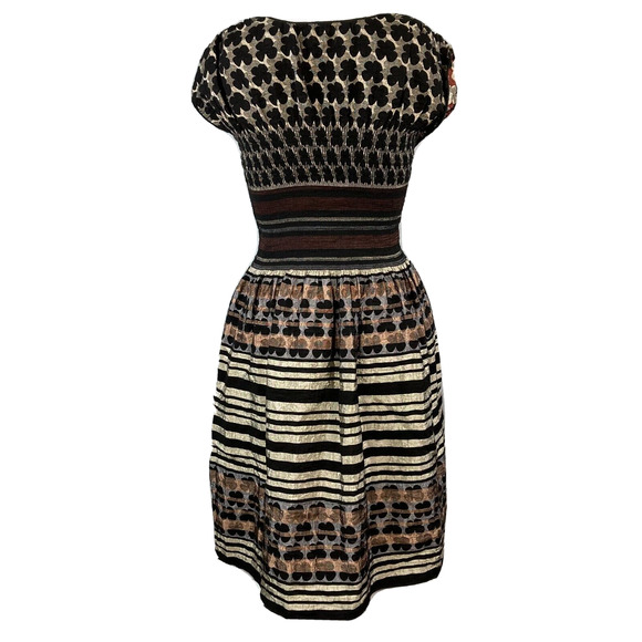 M.S.S.P. Dress Womens Sz S Black Ivory Multi Striped Smocked Cap Sleeve A Line - Picture 3 of 9